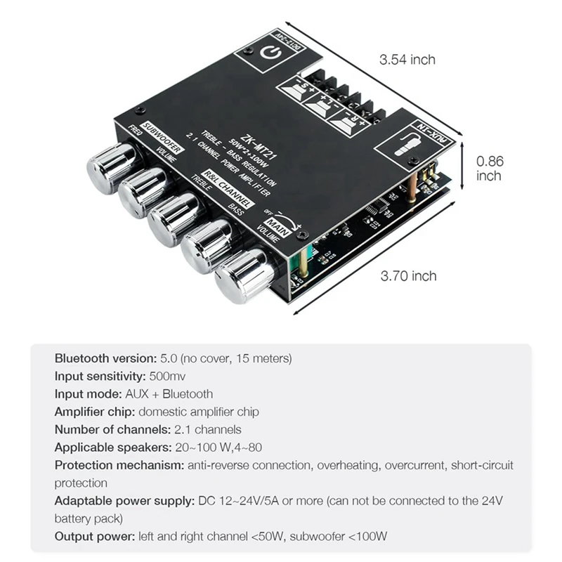 오디오 증폭기 보드 Bluetooth 50W×2+100W 2.1 채널, 고음 및 저음 제어 기능 포함 DIY 스피커 홈 시어터