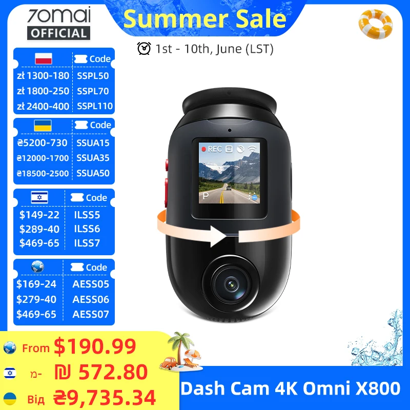 70mai 4K Omni X800 2160P HDR 60fps F1.7 Supported Dual-channel