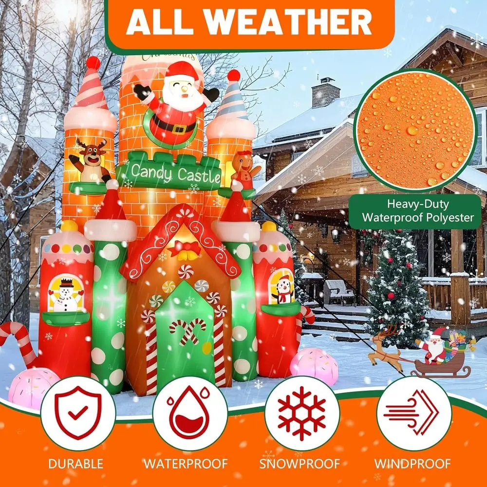 Castelo de Doces Gigante Inflável 11T para Decoração Externa com Luzes LED Integradas, Inflável com Papai Noel, Rena e Biscoito de Gengibre