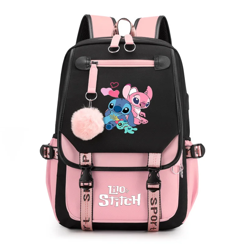 Disney-Lilo e Stitch Mochilas para Meninos e Meninas, Mochila Laptop Carregamento USB, Mochila Feminina, Bolsa de Viagem, Adolescente