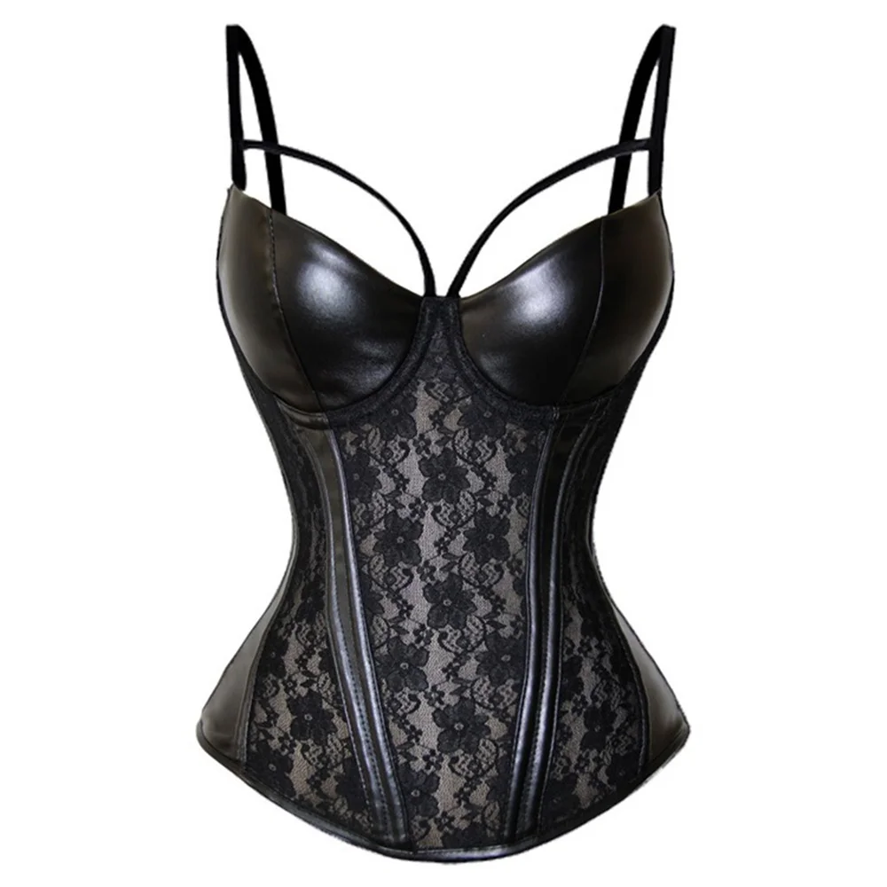 Black PU Leather splicing Lace Overbust Corset Women Sexy Lingerie Body Shaper Sling Padded Cup Corset And Bustier Top Plus Size