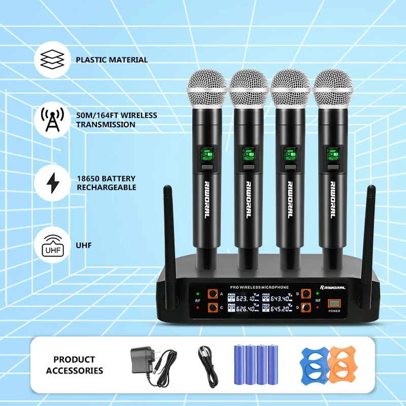 Wireless Microphone Dynamic Handheld 4 Channel Microphone Karaoke Microphone Mic UHF Wedding Party Church Club