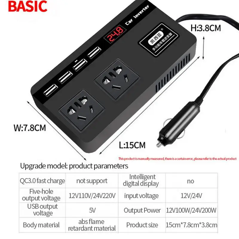 

Power Inverter For Car 12V/24V Auto Power Inverter Adapter 200W Charging Supplies For Camping Traveling And Other Outdoor