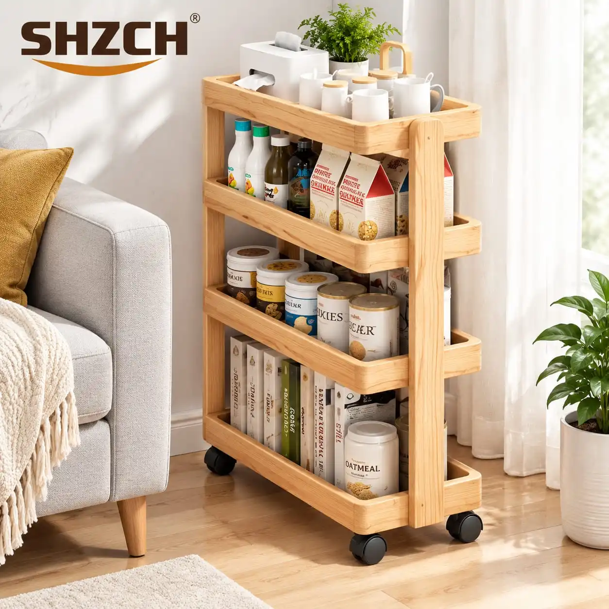 Vintage Industrial Cart  4-Tier Solid Wood Storage Organizer for Living Room with 360° Wheels 100kg Capacity