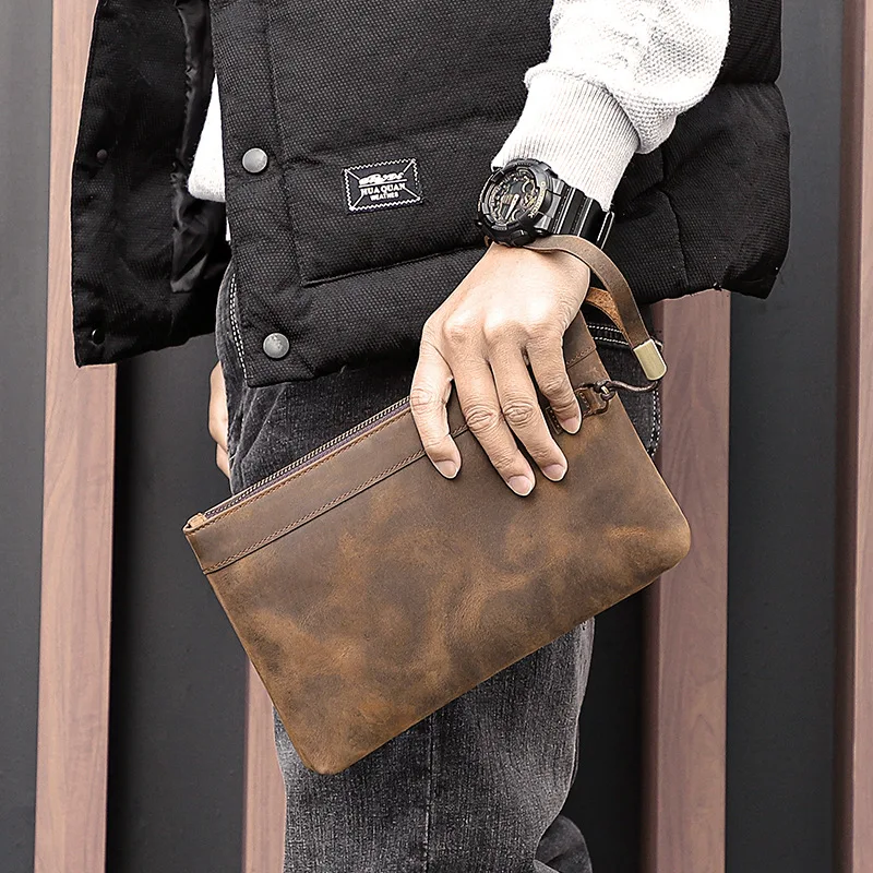 Vintage Genuine Mad  Leather Men's Casual Handbag Large Capacity Business Simple Leather Wallet Soft Square Shape Handhe...