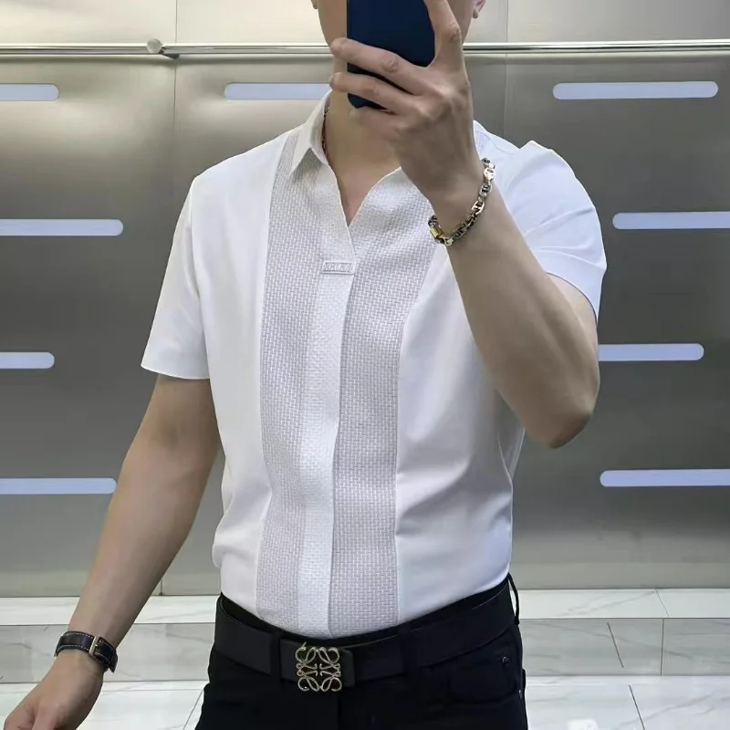 Summer New Advanced Simple Fashion Smart Casual Short Sleeved Shirt Men's Panelled Lapel Versatile Slim Patchwork Loose Thin Top