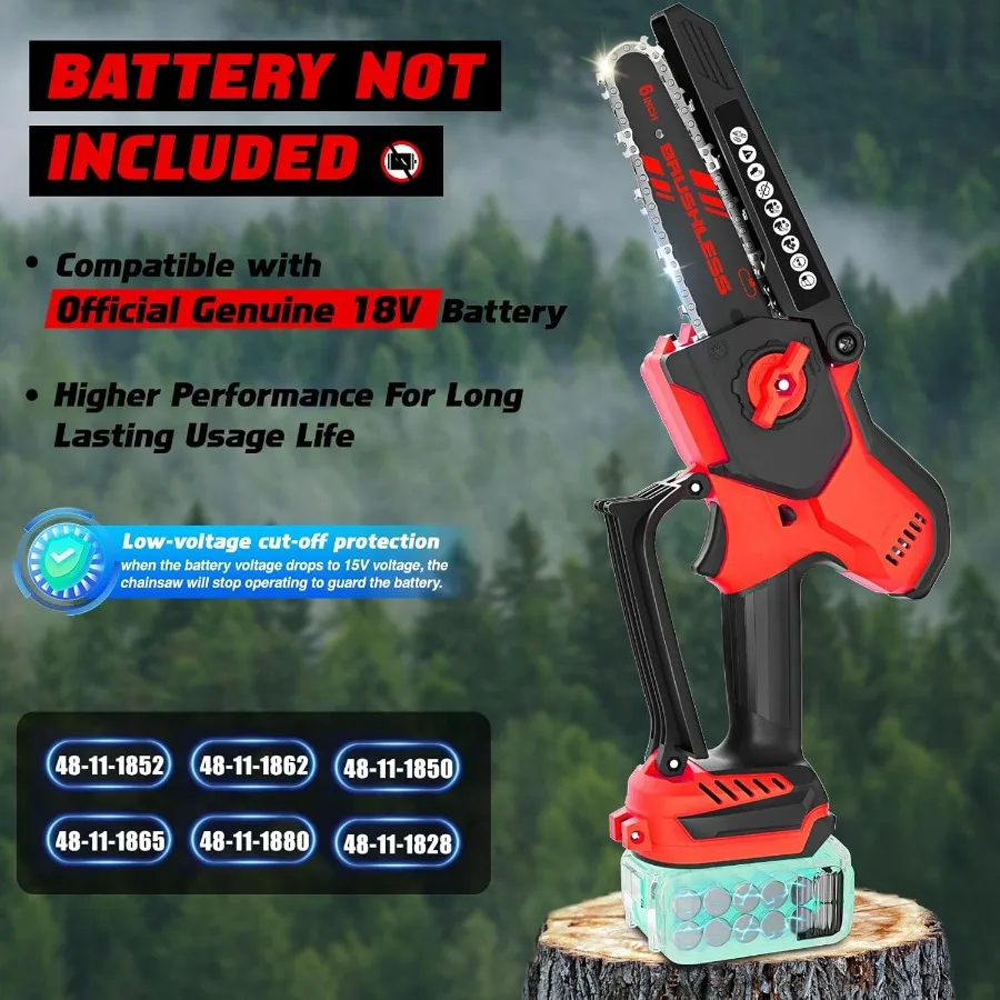 800W ブラシレスコードレスチェーンソー、オートオイルラーと安全ロック付き、木の剪定と木材切断用、2IN1、8インチと6インチのデュアルブレード