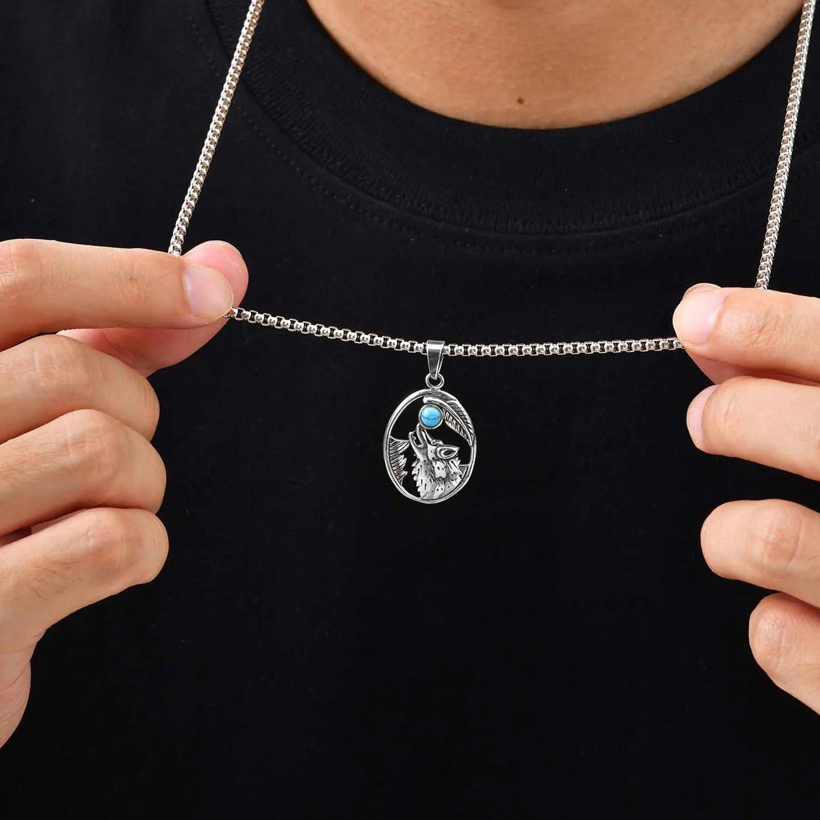 

Punk Wolf Head Oval Necklace for Men,Sliver Color Stainless Steel Pendant with Turquoise Stone,Anniversary Father Gift