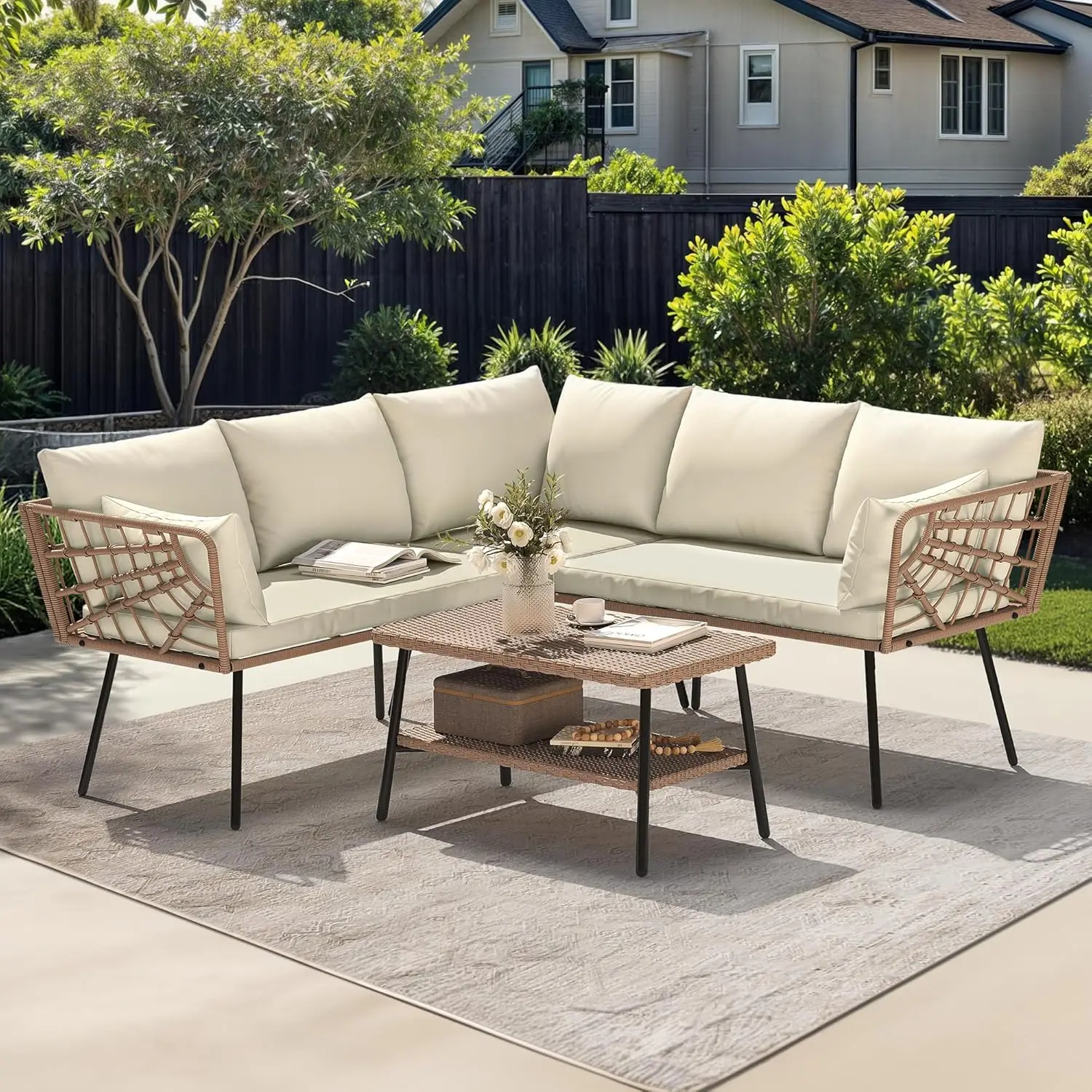 

4PCS Patio Furniture Set L Shape Outdoor Couch with 2-Tier Coffee Table and Thick Cushions Patio Conversation Set Rattan Section