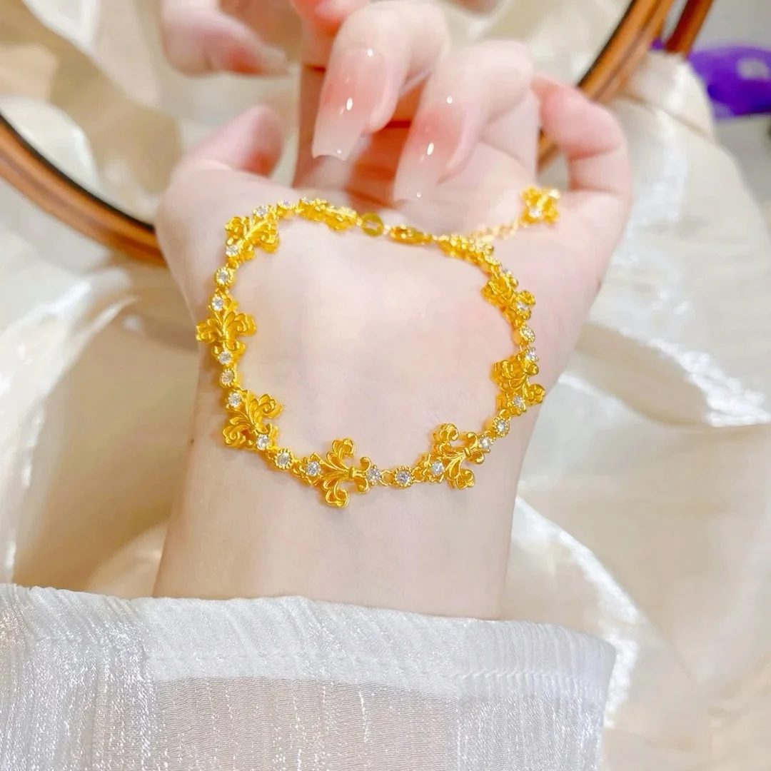 

Women's Iris Diamond Bracelet, 24K Gold, AU999 | "Stability" engraving with leaf vein motifs, subtle professional elegance.
