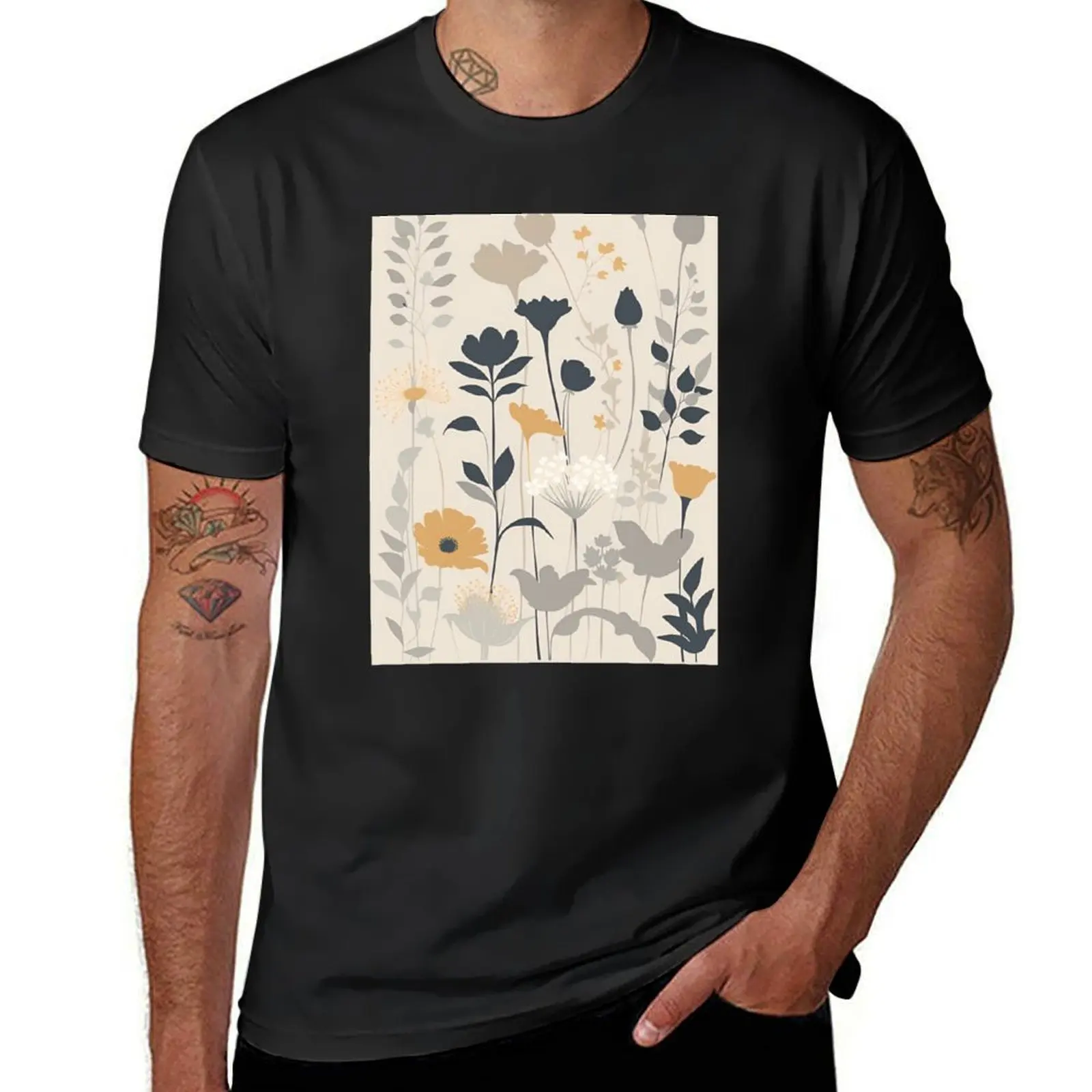 Paris Patterns No. 122. Flower Art. Silhouette. Vintage Grey Neutral Yellow Beige Cream. Beige Black. Jardin de Fleurs C T-Shirt