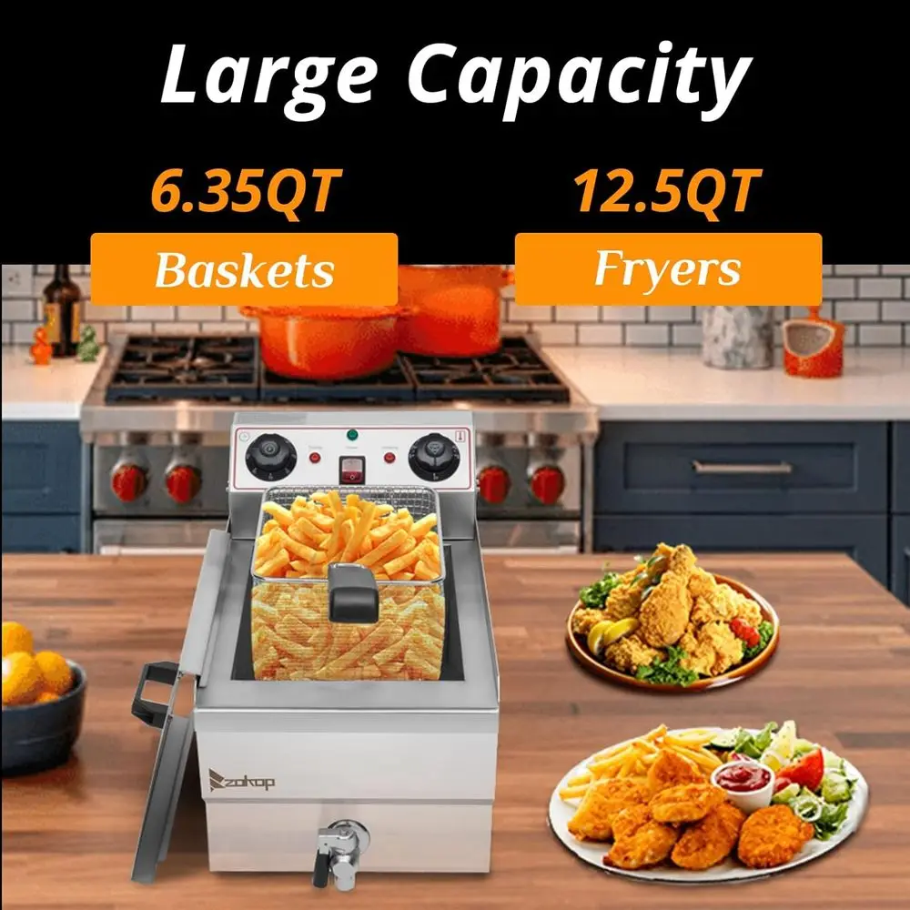 12.5QT Electric Deep Fryer with Time Control & Oil Filtration, 11.8L Countertop Stainless Steel w/Temperature Control & Basket &