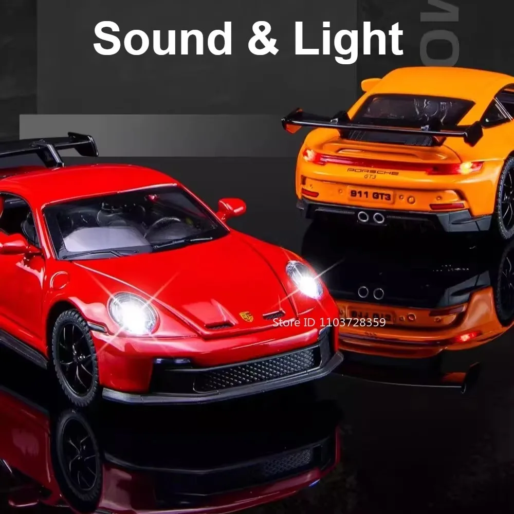 รถของเล่นจำลอง 1:32 911 GT3 Macan รถสปอร์ตขนาดเล็ก ผลิตจากโลหะผสม พร้อมเสียงและไฟ ประตูเปิดได้ ดึงหลังวิ่งได้ ของตกแต่ง รถซูเปอร์คาร์ ของขวัญสำหรับเด็กผู้ชาย