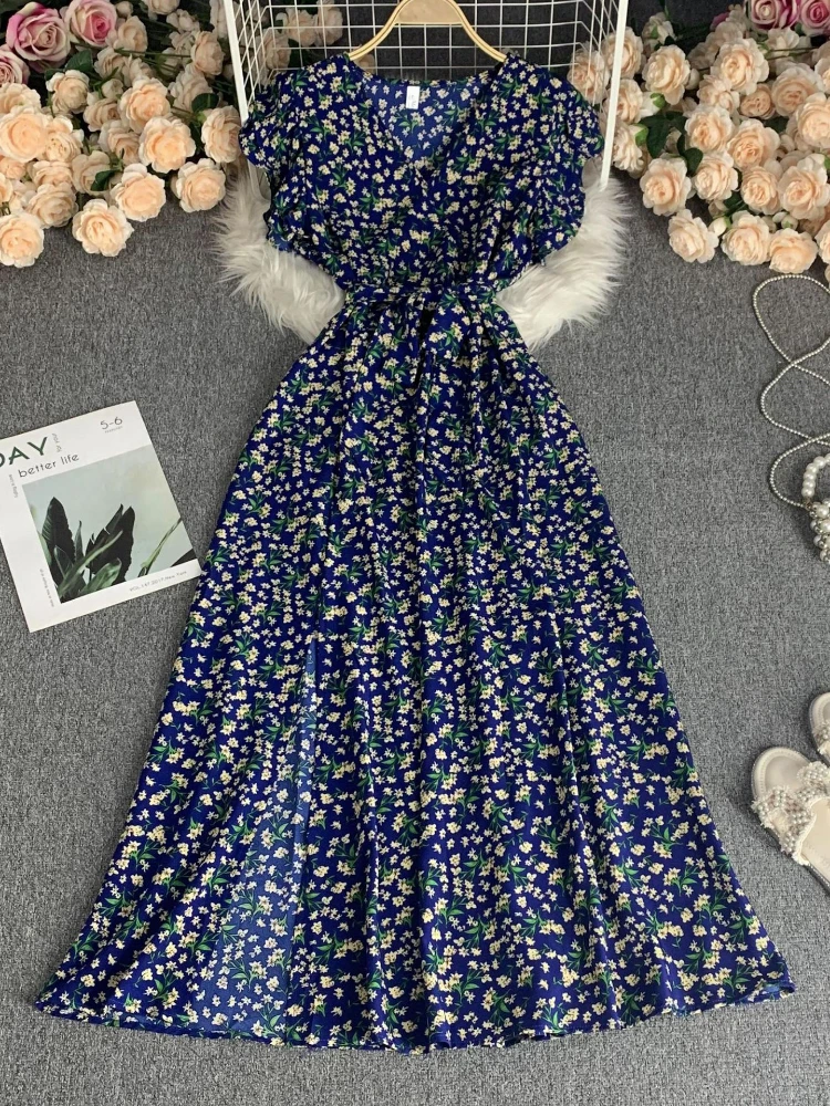 Women Elegant Vintage French V-neck Dress New Summer Pleat High Waist Slim Party Vacation Strap Dresses Vestidos