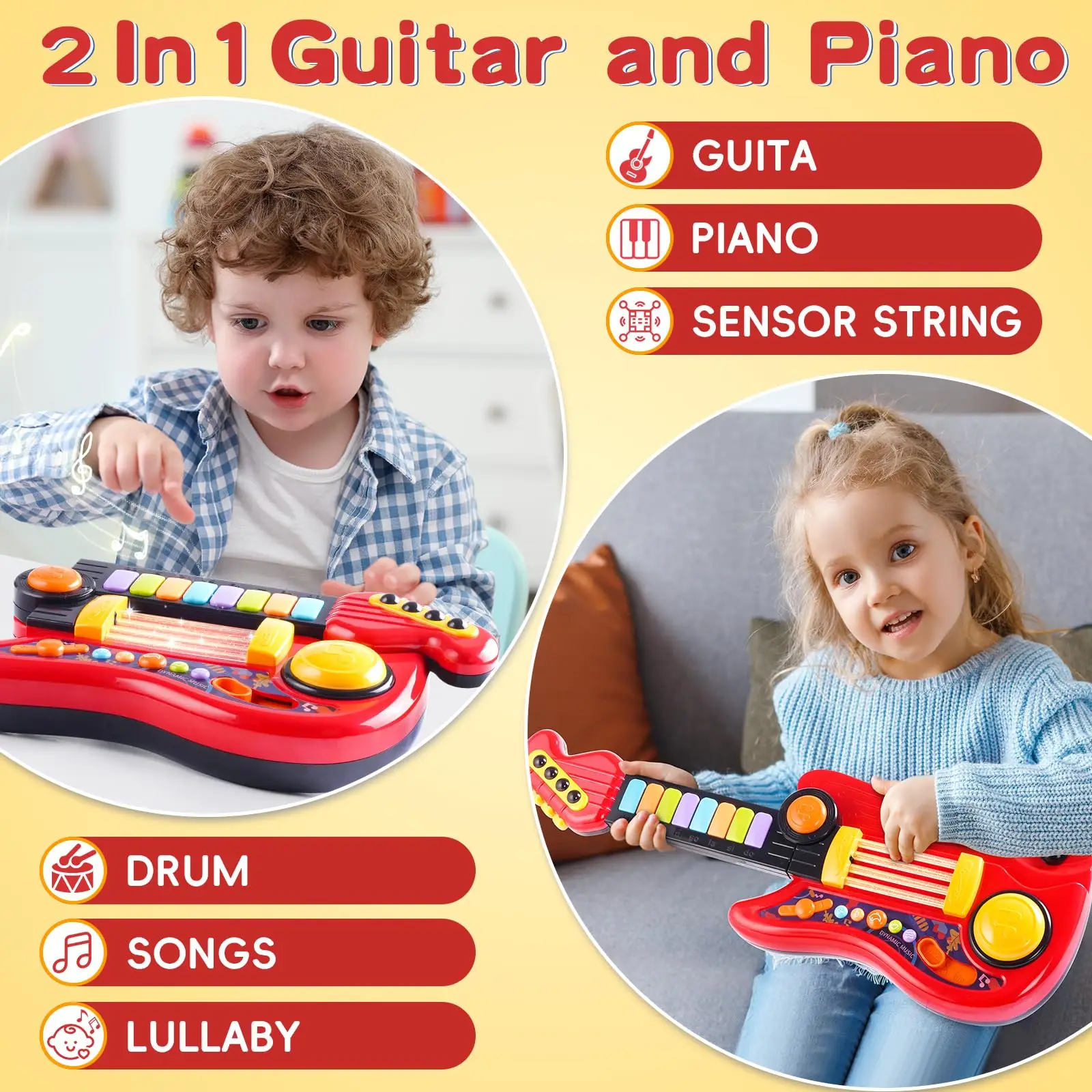 2-in-1 Kids Electric Guitar Toy Musical Instrument Piano Toddler Music Toy Early Learning Educational Gift for Boys Girls Xmas
