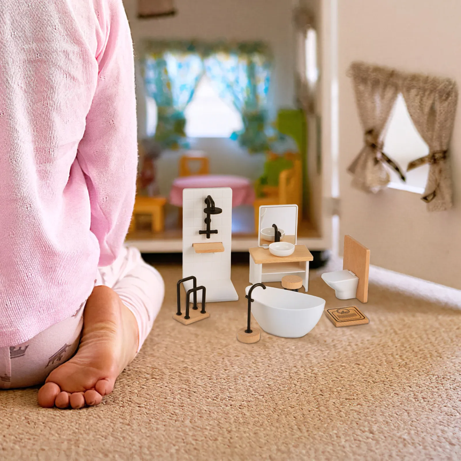 

Набор миниатюрной мебели для ванной комнаты для кукольного домика, масштаб 1:12, декор для душевой, миниатюрное украшение для дома, мебель для ванной