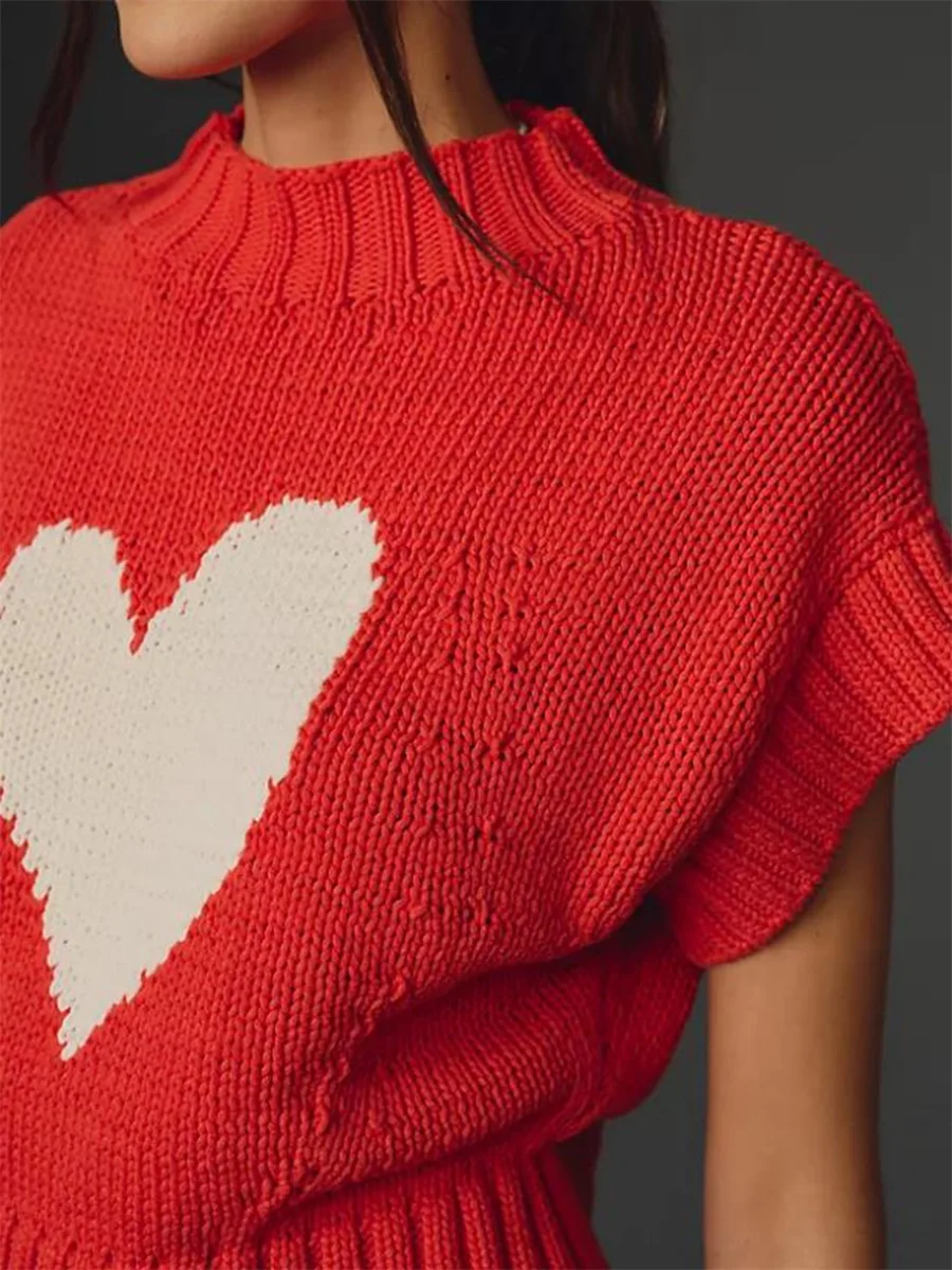 Pull à manches courtes pour femme, col montant en forme de cœur, streetwear décontracté pour 03, fête de bureau