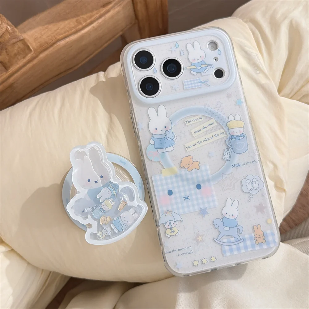 Cute Cartoon Blue Bunny Magnetic Phone Case For iPhone 18 Pro Max 18 Pro 17 16 15 Kawaii Shockproof Cover With Rabbit Holder