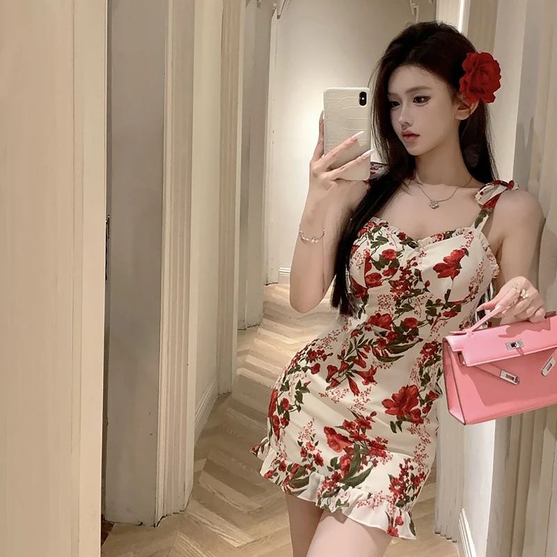 Lace-up Spaghetti Strap Flower Print Women Summer Holiday Sheath Mini Dress