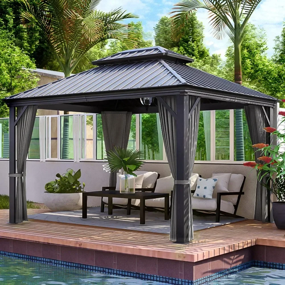 

10' x 12' Hardtop Gazebo, Gazebo with Netting and Curtains, Double Roof Permanent Patio Metal Gazebo Canopy for Patio, Deck