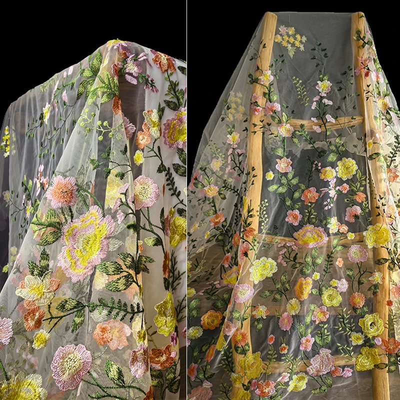 

Fairy Floral Colorful 3D Embroidery Tulle Fabric Water-Soluble Lace Bridal Dress Ethnic Costume Evening Gown Couture Material