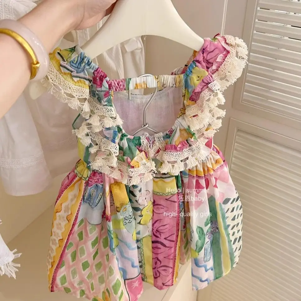 Korean Childrens Wear 2024 Summer New Sweet Cartoon Dress Girls Lace Colorful Tank Top Dress Princess Dress