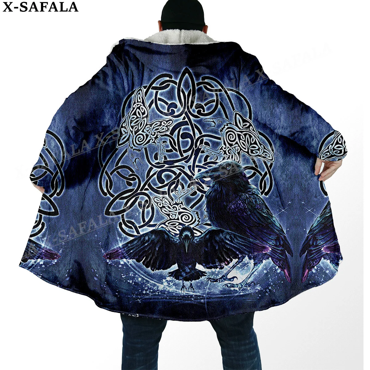 

Viking Vegvisir Butterfly Raven Print Thick Warm Hooded Cloak Men Overcoat Coat Windproof Fleece Cape Robe Hooded Blanket-3