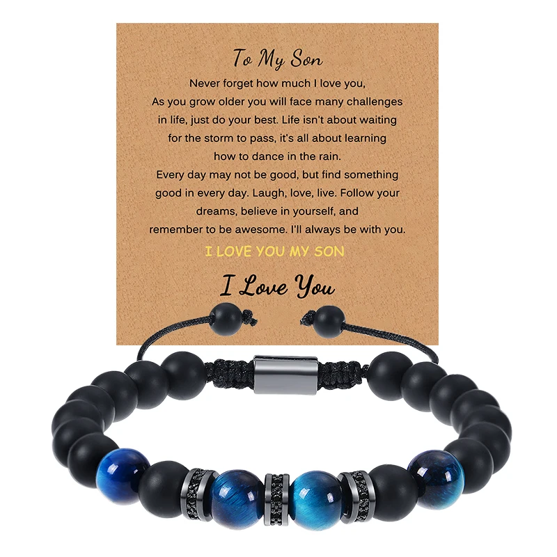 To My Son Bracelet 8MM Blue Tiger Eye Stone Bracelet for Men Beaded Bracelet for Boyfriend, Grandson , Dad Greeting Card Gift