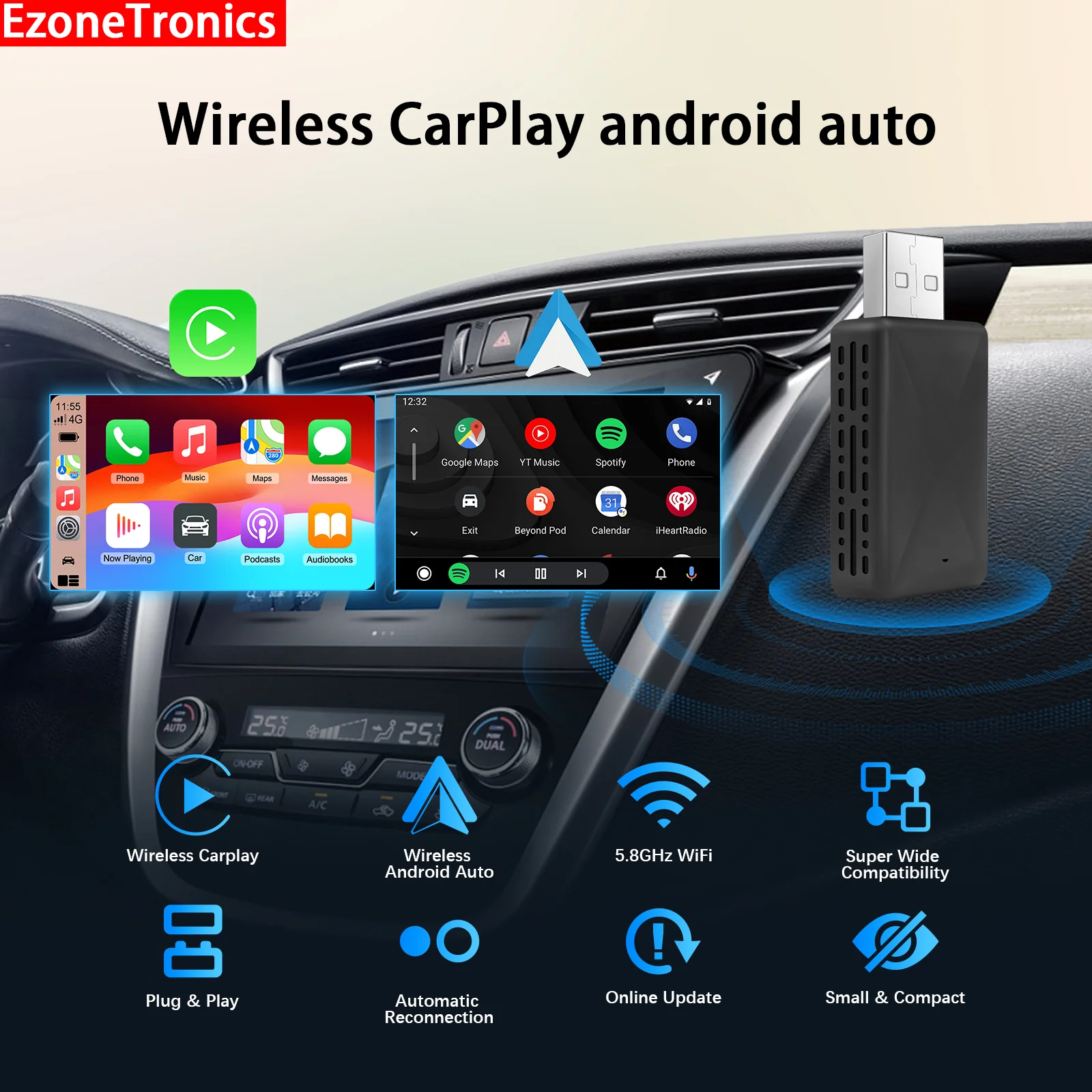 Ezonetronics 2024 New Wireless CarPlay android auto 2 in 1 adapter for factory wired car Plug and Play Fashionable and Portable