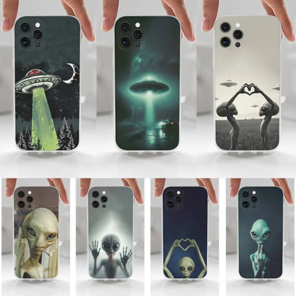 

Thing Space UFO Alien Funny Phone For iPhone 16,15,14,13,12,11 Plus,Pro,Max,XR,XS,X,7,8 Plus,SE,Mini,Transparent,Silicone Case