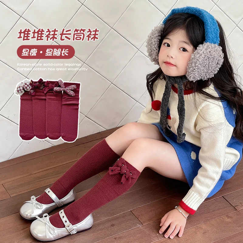 Lovely Girls Retro Red Long Slouch Hosiery Featuring Different Design Bowknot Decoration Breathable Soft Vintage Style Stockings