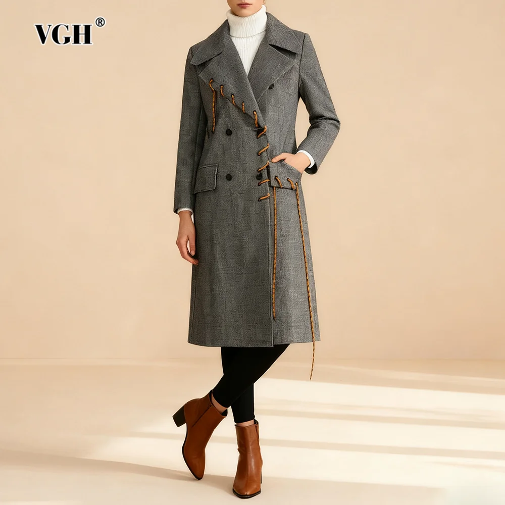 

VGH Temperament Slimming Grid Woolen Trench For Women Lapel Long Sleeve Spliced Lace Up Autumn Warm Chic Jackets Female Fashion