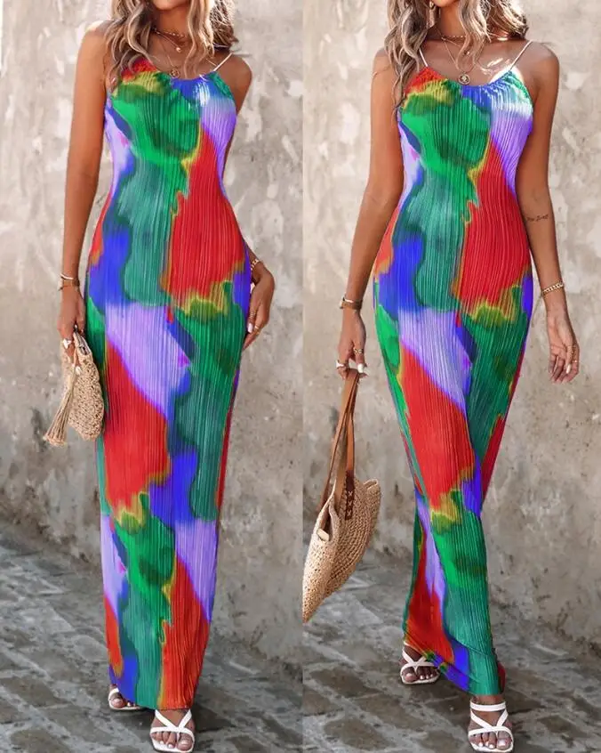

Maxi Dress Dress Women Colorblock Tie Dye Cami Print Long Dresses Pleated Beach Sling Sleeveless Casual Elegant Party Vestidos