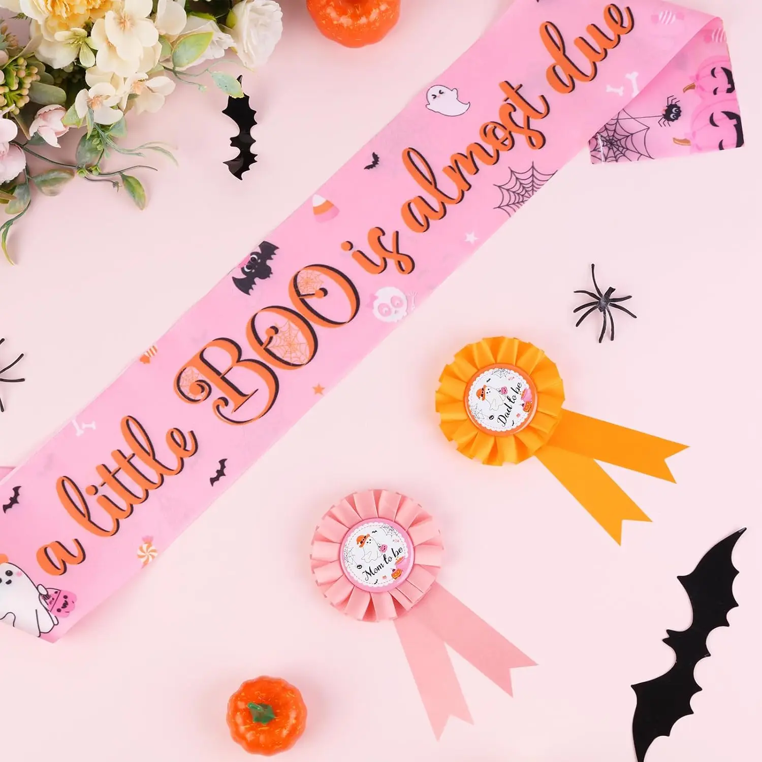 Sursurprise Halloween Maternity Pink Baby Shower Sash and Mom To Be & Dad To Be Corsage Pins Parents Pregnancy Party Supplies