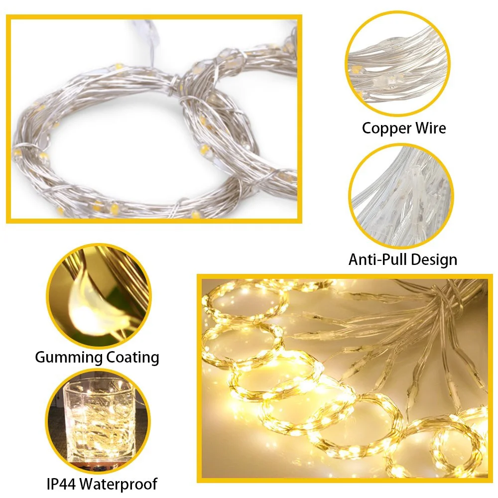 Solar Powered 300 LED Curtain Garland Fairy Lights Copper Wire String Lights for Outdoor Wedding Party Garden Bedroom Decoration