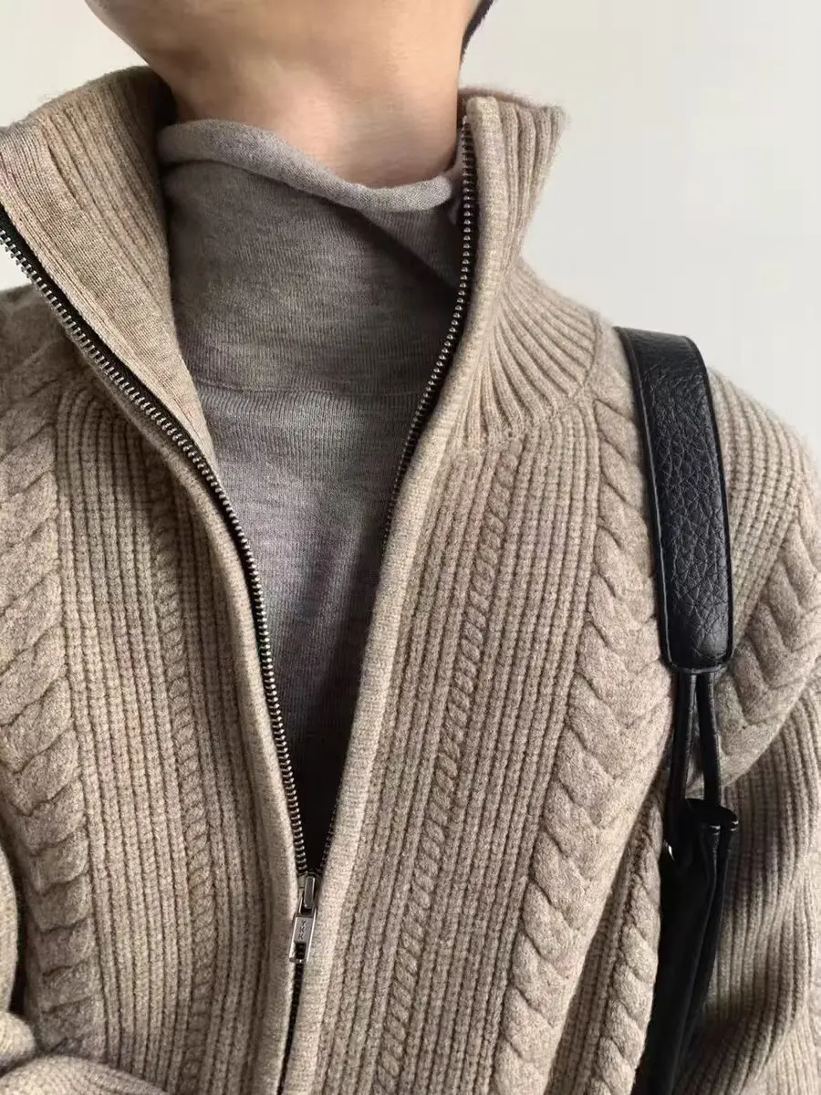 

Мужской вязаный кардиган в стиле ретро с высоким воротником на молнии, свободный крой, узор «пшеничный колос», вязаная верхняя одежда