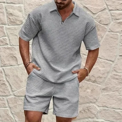 Summer New Men's Set Trendy Casual Fashion Small Square Comfortable Solid Color Polo Sport Set