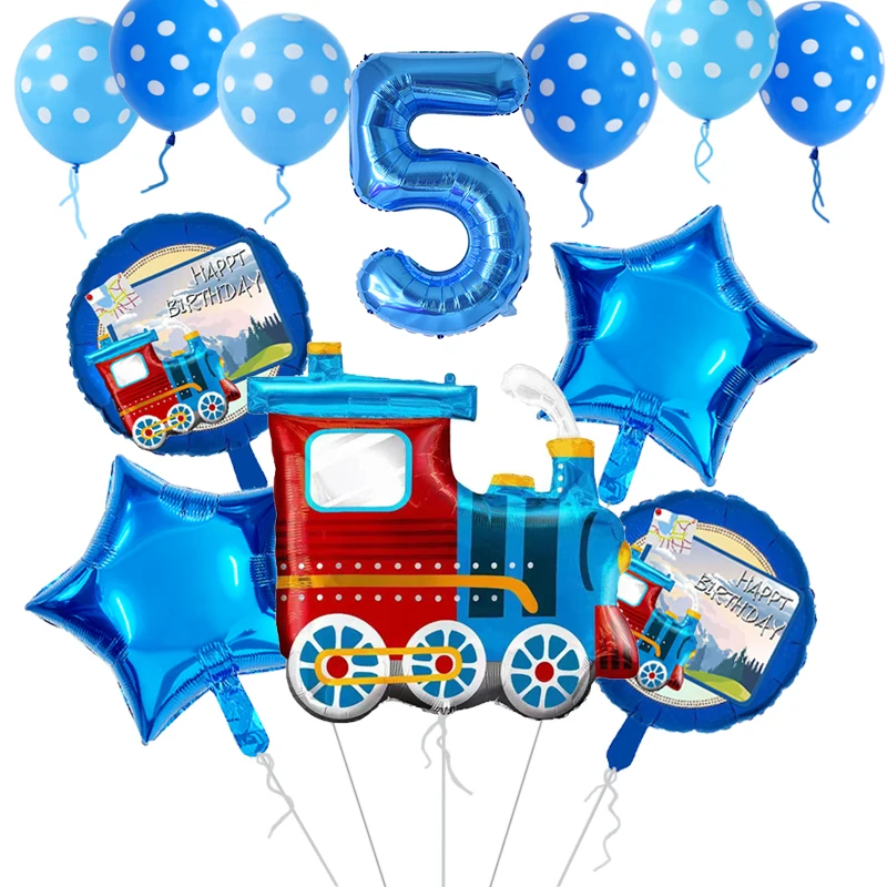 11pcs Train Traffic Foil Balloons Blue Steam Train Star Helium Ballon Kids Baby Shower 1-9 Year Birthday Party Decoration Globos