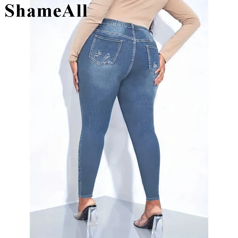 Women's Plus Size Sexy Jeans,  Rainbow Print Ripped High Rise Medium Stretch Button Fly Pocketed Skinny Jeans