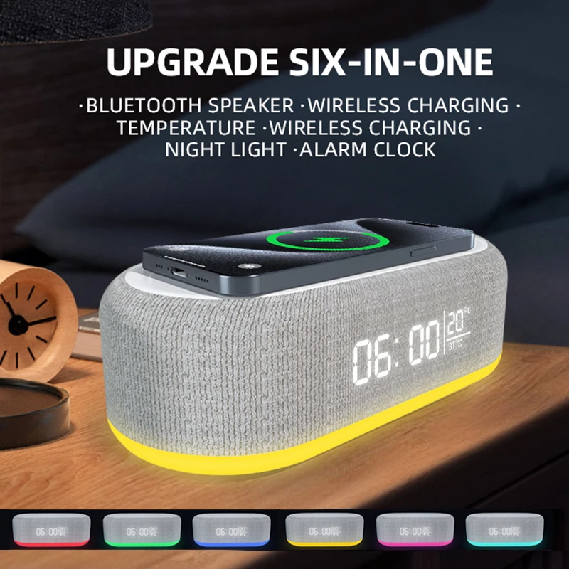 6 in1 Bluetooth Speaker with Clock,15W Wireless Charger, RGB night Light Multifunction Desktop Clock Temperature Thermometer