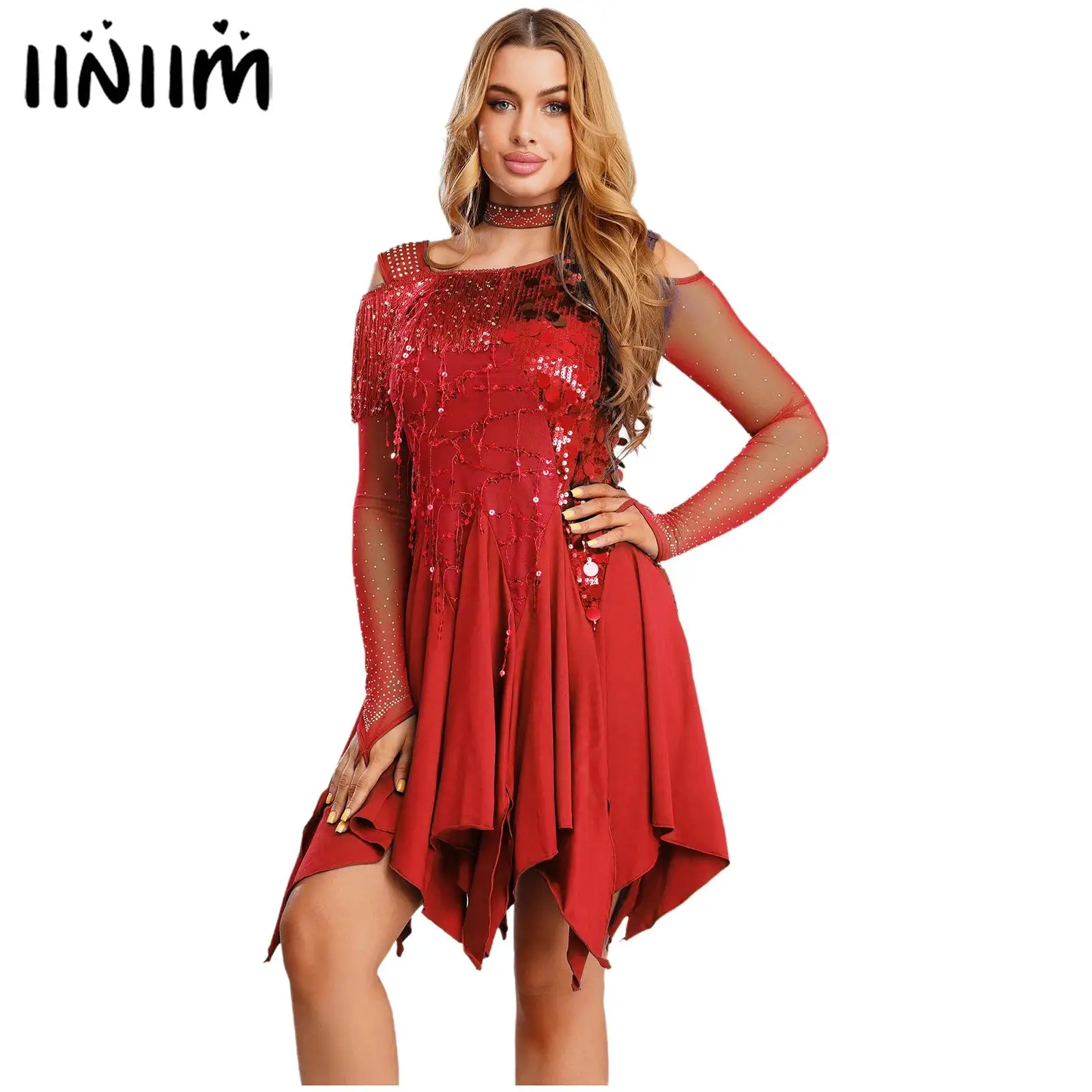 

Womens Latin Tango Dance Dress Costume with Choker Sequin Tassel Mesh Long Sleeve Irregular Hem Rhinestone Dress Dancewear