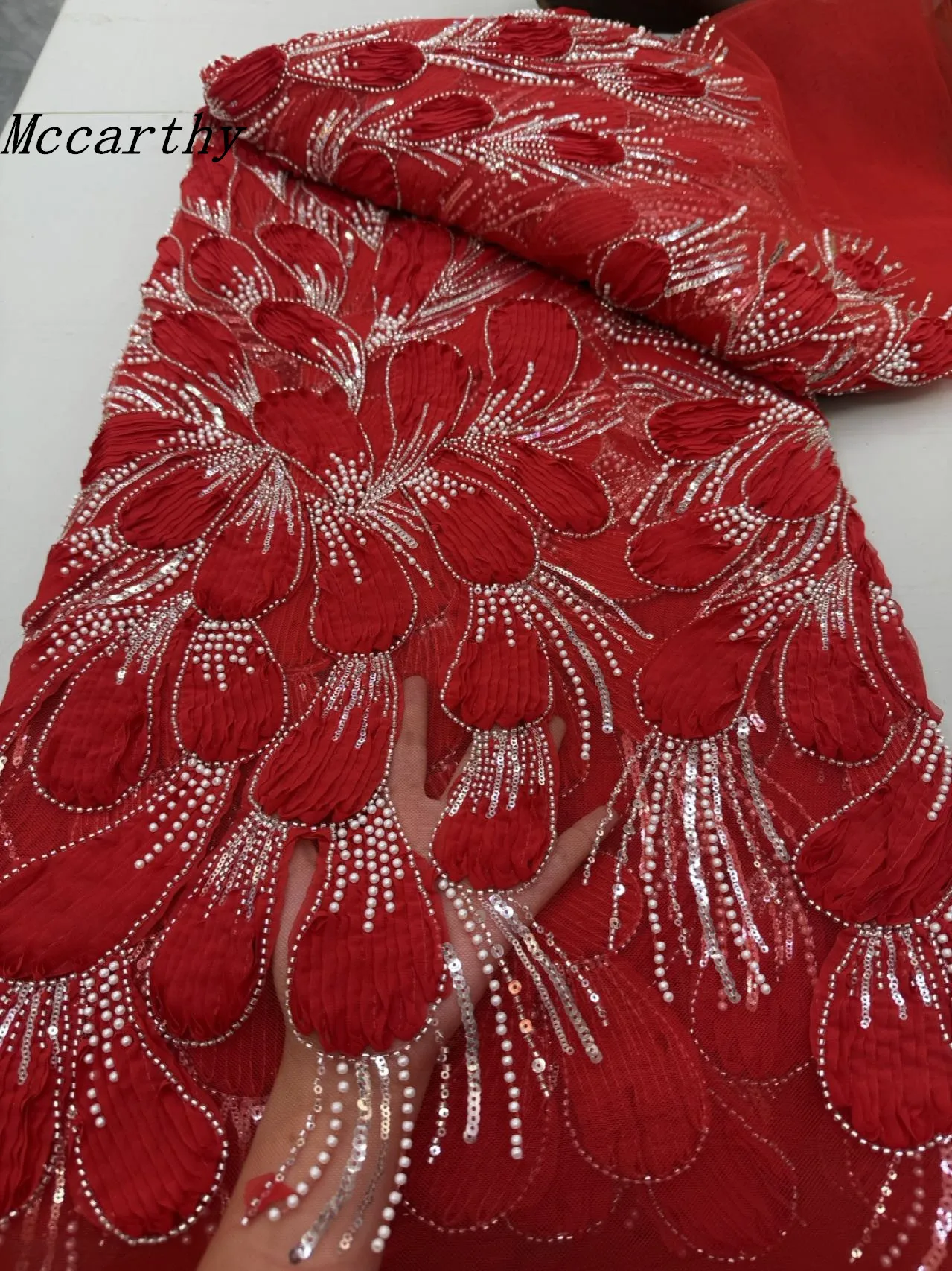 

Mccarthy Red 3D Flower Beaded Lace Fabric Africa Lace Wedding Dress 2025 Nigerian Pink 3D Flower Lace Fabric for Sewing