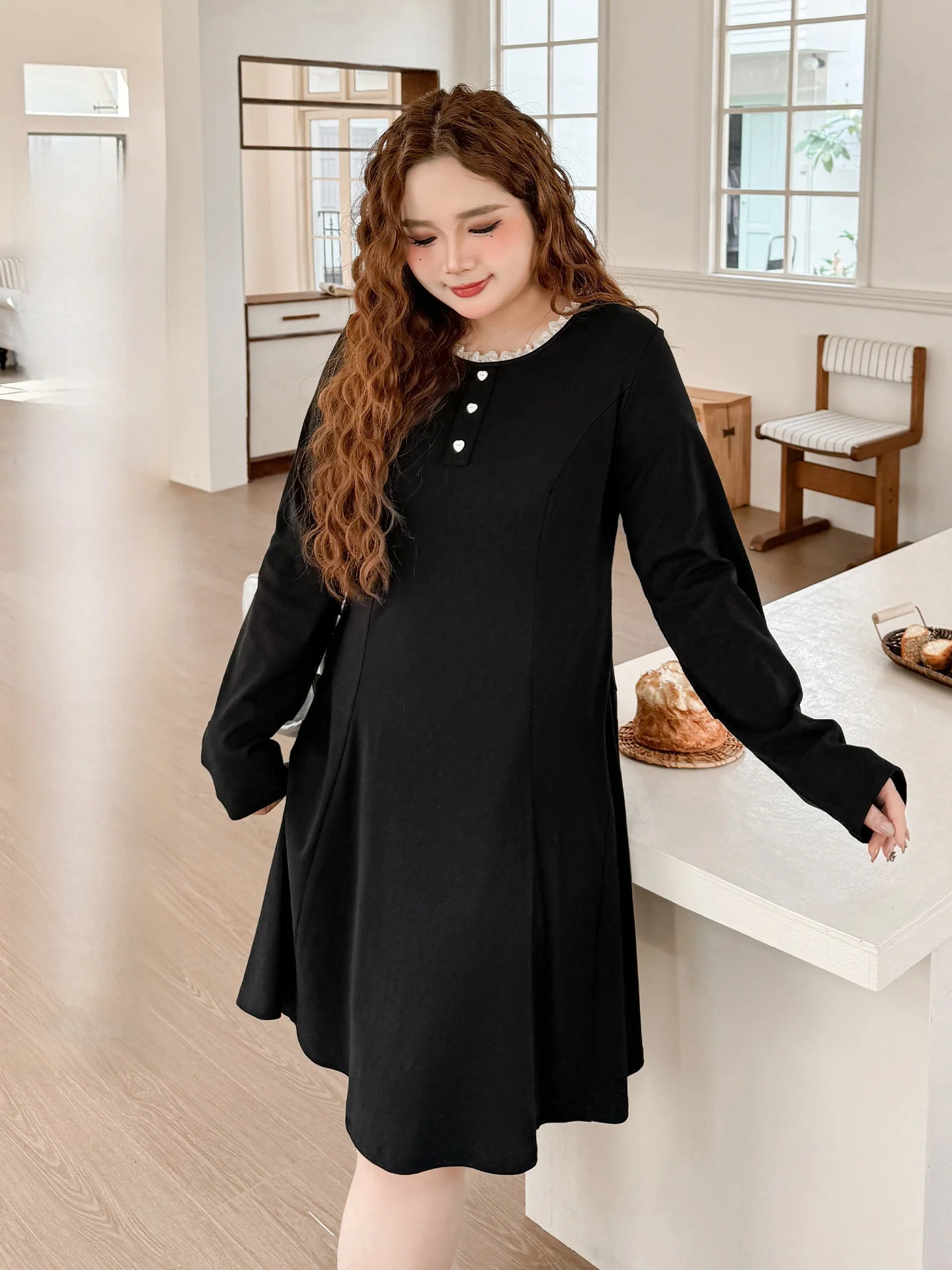 

plus Size Women's Spring Dr round Ne High Waist Long Sve Gored Skirt Cotton A-Line Midi Dr for Heavy Girls