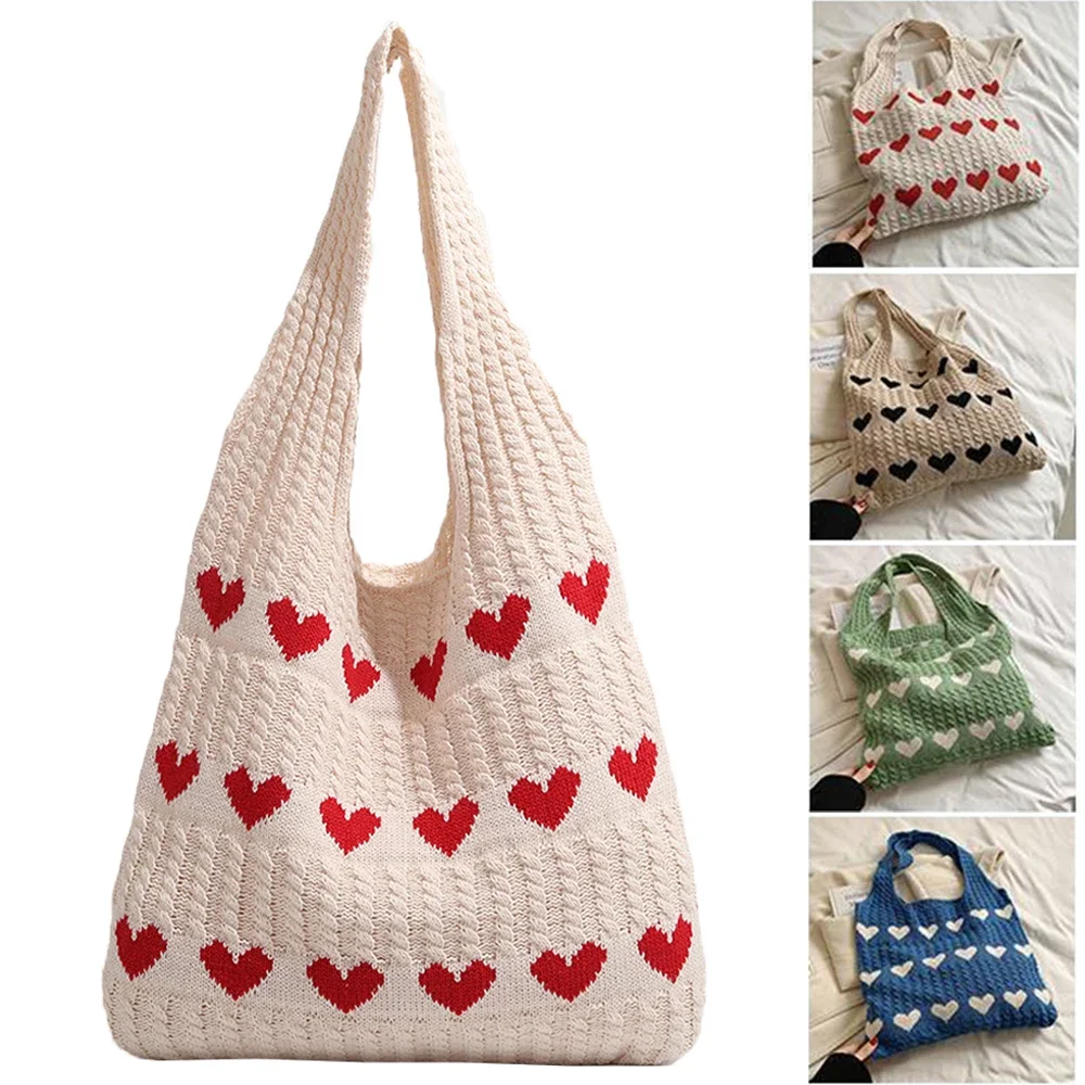 Women New Knitted Shopping Bag Women's INS Sweet Heart Knitted Storage Handbags Underarm Knitted Bag Large Capacity Storage Bags