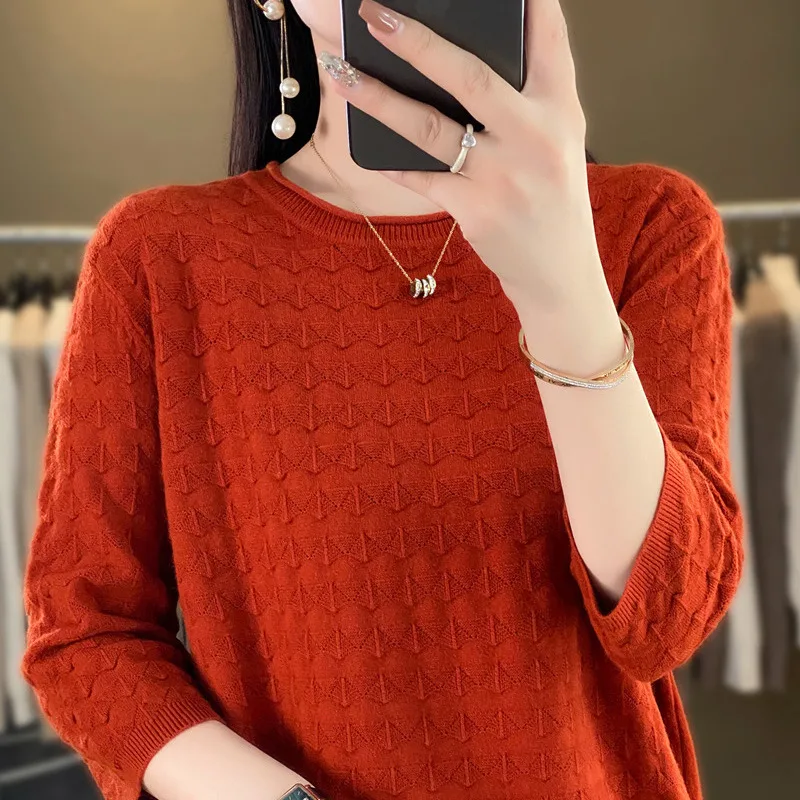 Women's boutique high-end round neck sweater knitted cashmere sweater Women's pullover 7/4 sleeve new cashmere sweater