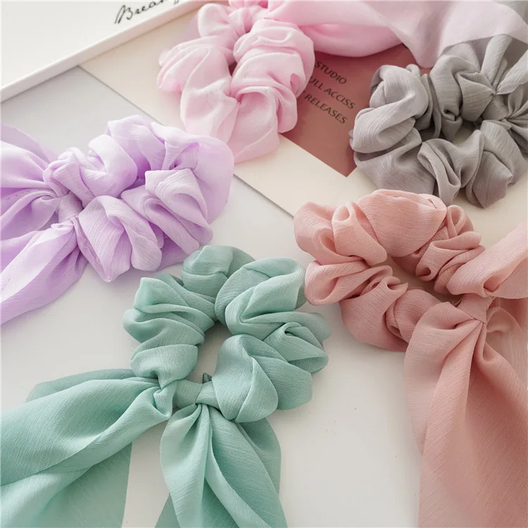 Chiffon Long Ribbon Bow Scrunchies Women Girl Ponytail Holder Scarf Hair Ties Elastic Hair Band Rope Headbands Hair Accessories