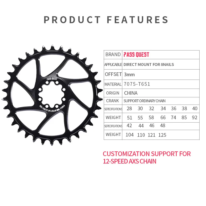 PASS QUEST 8 nail ForGXPS Chainring 3mm Offset 28-48T ForSRAM ETAP FORCE RED Direct Mount Crank Bicycle Chainwheel Cycling Parts