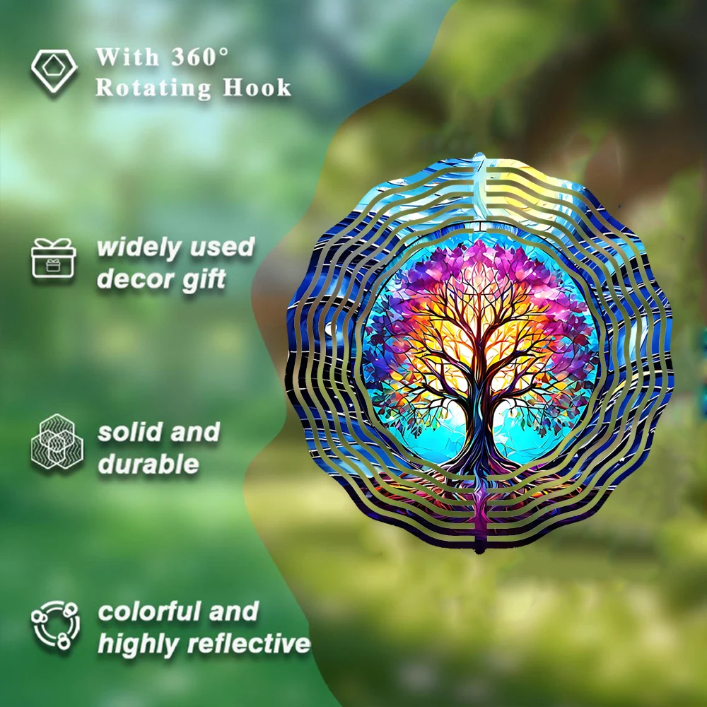 Lebensbaum 3D Windspiel, Farbenfrohe Edelstahl Rotierende Windskulptur für Gartendekoration