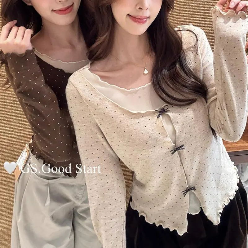 

Autumn Sweet Bow Polka Dot Pullovers Fake Two Pieces Female Clothing Patchwork Casual Round Neck Korean Long Sleeve T-shirts New