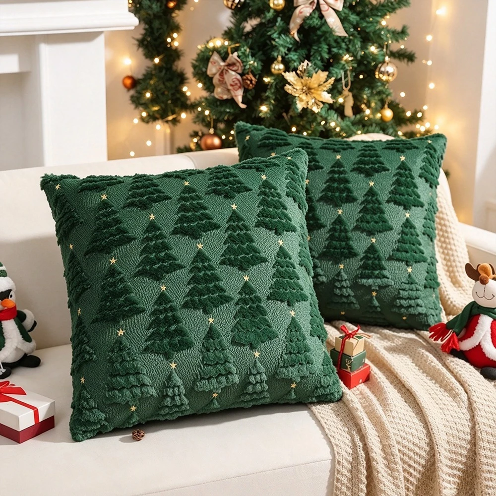 VIKAMA Christmas Tree Throw Pillow Covers 3D Fluffy Plush Cushion Cover Farmhouse Xmas Holiday Home Sofa Couch Decor Pillow Case